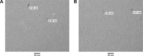 Figure S1 Tio-GNPs in MEM at concentrations of 0.1 mg/mL (A) and 0.25 mg/mL (B) without FBS were visualized under TEM.Notes: Magnification of S1A and B: 100,000×.Abbreviations: FBS, fetal bovine serum; MEM, minimum essential medium; TEM, transmission electron microscopy; Tio-GNPs, tiopronin-coated gold nanoparticles.