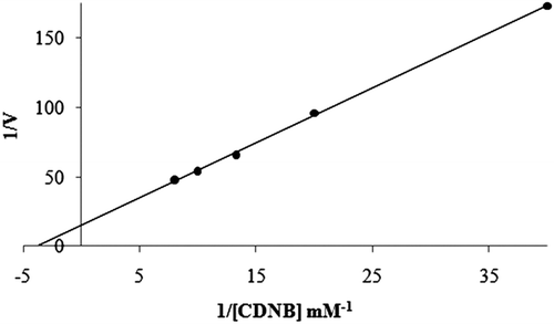 Figure 9.  Lineweaver-Burk graph in 5 different CDNB concentrations and in constant GSH concentration.
