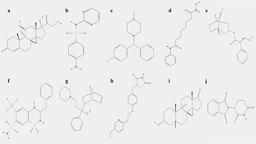 Figure 11. The 2D molecular structures of the top ten most significant small-molecule drugs. (a) Fludrocortisone. (b) Sulfadiazine. (c) Chlorcyclizine. (d) Vorinostat. (e) Hyoscyamine. (f) Bendroflumethiazide. (g) Biperiden. (h) Pioglitazone. (i) Etiocholanolone. (j) Thalidomide