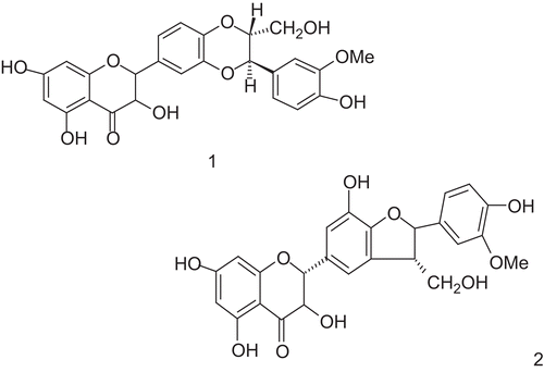 Figure 1.  Structures of components of silymarin: (1) silybin; (2) silychristin.