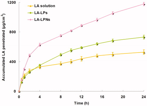 Figure 5. In vitro permeation profiles of LA from LA-LPs and LA-LPs.