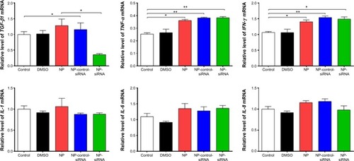 Figure 9 Effects of the novel NP-siRNA liposomes on the mRNA expression levels of TGF-β1, IL-6, IL-8, TNF-α, and IFN-γ in THP-1-derived macrophages determined by RT-PCR assay.