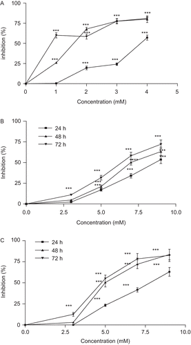 Figure 1.  Effect of crocin on cell viability of HeLa (A), MCF-7 (B), and L929 (C) cells. Cells were treated with different concentrations of crocin for 24, 48, and 72 h. Viability was quantitated by 3-(4,5-dimethyl thiazol-2-yl)-2,5-diphenyl tetrazolium bromide (MTT) assay. Results are mean ± SD (n = 3). The asterisks are indicator of statistical differences obtained separately at different time points compared with their controls shown in figure as *P < 0.05, **P < 0.01, and ***P < 0.001.