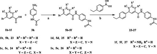 Scheme 2. Synthesis of aryl amide (23–37). Reagents and conditions: (a) Acid (1.0 eq.), 3h (1.0 eq.), HATU (1.2 eq.), DIPEA (4.0 eq.), RT, DCM, 18 h; (b) Bromide (1.0 eq.), 2a (1.0 eq.), K3PO4 (1.5 equiv), Pd(PPh3)4 (0.05 eq.), 80 °C, Ar2 atmosphere, 1,4-dioxane/H2O (3:1), 12 h.