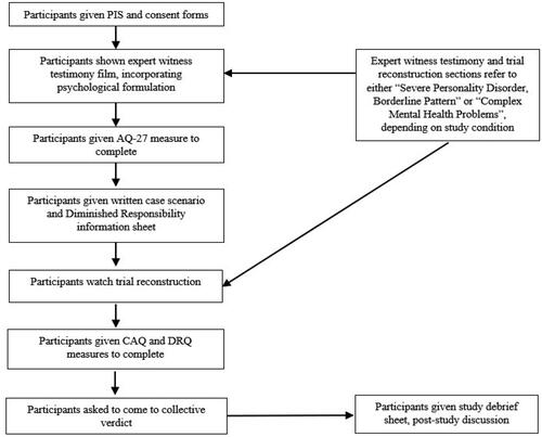 Figure 1. A flow chart documenting the procedures that participants undertook during the study. PIS = Participant Information Sheet; AQ–27 = Attribution Questionnaire–27; CAQ = Causal Attribution Questionnaire; DRQ = Diminished Responsibility Questionnaire.