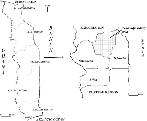 Figure 1.  The maps of Togo and Central Region showing the study area.