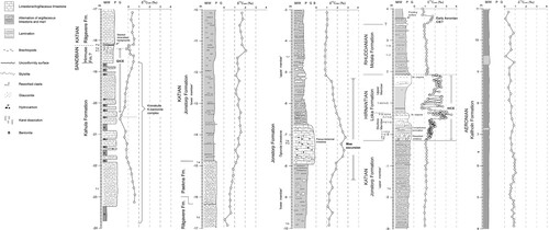Figure 4. Log profile showing sedimentary facies, stratigraphic nomenclature and carbon isotope stratigraphy (δ13Ccarb) of the Upper Ordovician through lowermost Silurian of the Stora Sutarve core. The identified carbon isotope excursions include GICE = Guttenberg Isotope Carbon Excursion, Moe excursion, HICE = Hirnantian Isotope Carbon Excursion and an early Silurian isotope excursion provisionally interpreted as the Early Aeronian Carbon Isotope Excursion. The stratigraphical positions of the Hirnantian Brevilamnulella coquinas are indicated. Abbreviations: M/W = mudstone/wackestone, P = packstone, G = grainstone. T = thin section samples and P = polished slab samples illustrated herein.