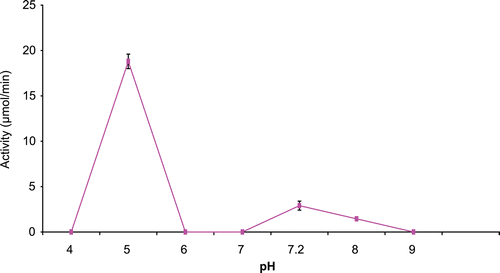 Figure 2.  Effect of pH on immobilized A. parasiticus cytosine deaminase activity.