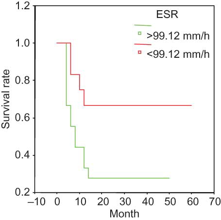 Figure 2.  Survival and ESR in the entire group. ESR > 99.12 mm/h at presentation was associated with a significantly poor prognosis.