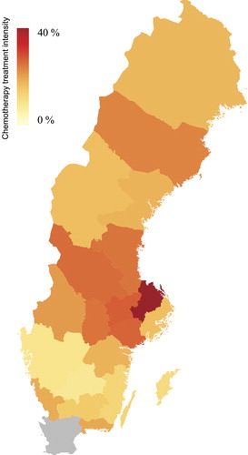Figure 3. Differences between counties in use of intravenous docetaxel chemotherapy treatment, i.e percentage of men dying from prostate cancer who received intravenous docetaxel chemotherapy prior to death. Data from Skåne county is missing (gray).