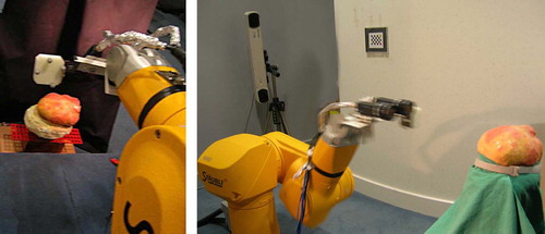 Figure 4. Left: The robot with the mounted optical-tracker retro-reflectors and the stereo camera rig. Right: The configuration of the Polaris optical tracker located in relation to the robot. [Color version available online.]