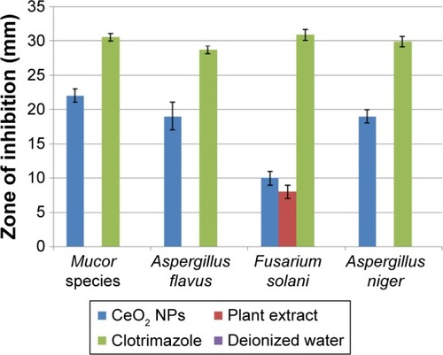 Figure 12 Antifungal analysis of CeO2 NPs, plant extract, clotrimazole (positive control), and deionized water (negative control), taking their mean values with ±SD.Abbreviations: NPs, nanoparticles; SD, standard deviation.