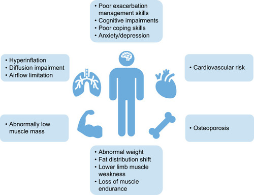 Figure 5 Treatable traits typical to patients with AATD that may affect approach to pulmonary rehabilitation. Data from Schols et al.Citation51