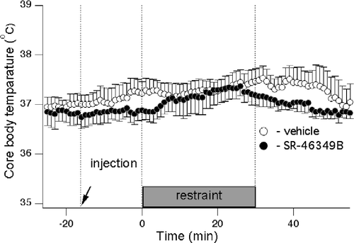 Figure 4 Core body temperature is not affected by SR-46349B nor by the restraint stress. Averaged traces from 7 rats obtained after injection of either vehicle (○) or SR-46349B at a dose of 1 mg/kg (•) 15 min prior to restraint. Two-way ANOVA did not reveal any significant effects of either treatment or restraint on the core body temperature.