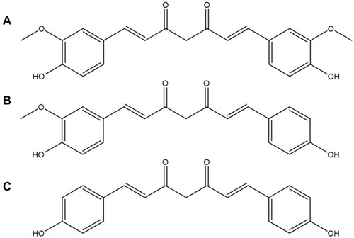 Figure 1 Chemical structures of (A) curcumin, (B) demethoxycurcumin and (C) bisdemethoxycurcumin.