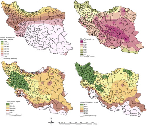 Figure 2. The maps of 11-yrars average of temperature, pressure, brightness sun shine hours, and humidity parameters.
