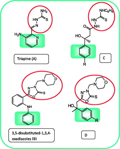 Figure 1. Chemical structures of triapine (A), reported antitumor 1,3,4-oxadiazoles (B) and the synthesized compounds (C and D).