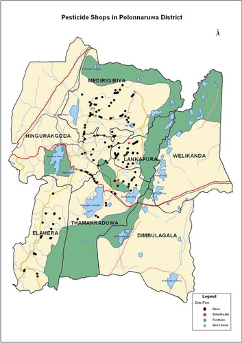 Fig. 2. Polonnaruwa District showing the seven administrative divisions, district health care facilities, and pesticide shops in January 2005. Shops are marked in black where neither dimethoate nor fenthion was stocked, green or red where fenthion or dimethoate were stocked, respectively, and grey where access to the shop could not be obtained. Agriculture in the poorly populated Mahaweli B area (Welikanda and Dimbulagala divisions) was not under the jurisdiction of the Dept of Agriculture and continued to use the insecticides. The Mahaweli river national park, where agriculture is banned, is marked in dark green. Abbreviations: DH, district hospital; GH, general hospital; PU, peripheral unit; RH rural hospital. (See colour version of this figure online).
