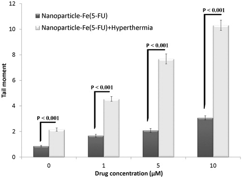Figure 8. Effects of 5-FU-loaded PLGA-coated iron oxide nanoparticles with and without hyperthermia on induced DNA damage of HT-29 spheroid culture cells. Mean ± SEM of three experiments.