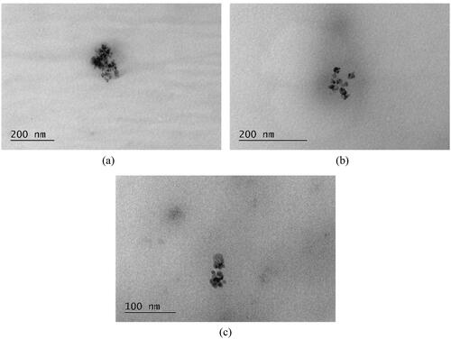 Figure 3. TEM images of the CuONPs in EG/W (a), 1,3PrG/W (b), and 1,2PrG/W (c).