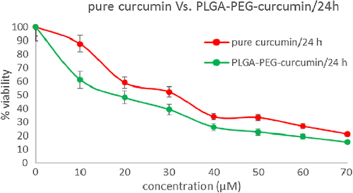 Figure 8. MTT assay results for 24h. Cytotoxic effects of different concentrations of free curcumin and curcumin-loaded PLG-PEG in the MCF-7 human breast cancer cell line.