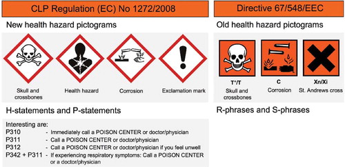 Fig. 2. Comparison between the new CLP Regulation (EC) No 1272/2008 (entered into force from January 20, 2009) pictograms and the old Directive 67/548/EEC pictograms for health hazards. Risk (R)-phrases and safety (S)-phrases are no longer used. The new classification system uses hazard (H)-statements and precautionary (P)-statements. A few new “poison center” P-statements are shown.Citation1