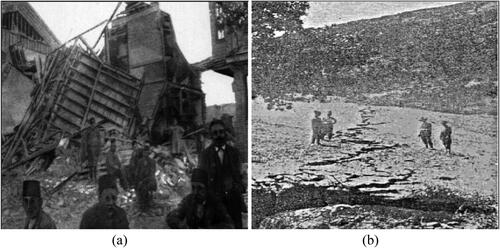 Figure 5. (a) Structural damages (compiled from Sadi Citation1912) and (b) surface ruptures (compiled from Ambraseys and Finkel Citation1987) in the murefte earthquake.