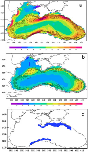 Figure 2.7.1. (a) Mean sea surface velocity for the period 1993–2019 [cm/s]; (b) Mean geostrophic current anomaly for the period 1993–2019 [cm/s]; the black contours on both plots show the 200, 600, 1000, 1400 and 1800 m isobaths taken from GEBCO bathymetry (www.gebco.net); (c) the region between isobaths 200 and 1800 m used for the calculations further.