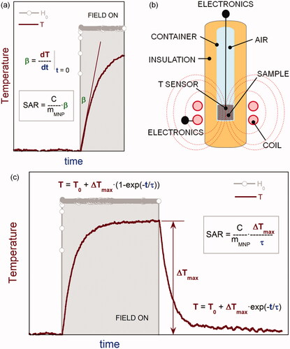 Figure 2. SAR determination by calorimetric methods in non-adiabatic isoperibol conditions: (A) SAR calculation by the initial-slope (β) method, (B) scheme of a typical experimental set-up, (C) SAR calculation using the parameters ΔTmax (maximum temperature increment) and τ (relaxation time) obtained from the fit of the complete T-vs-t curve to the exponential trend characteristic of isoperibol conditions.