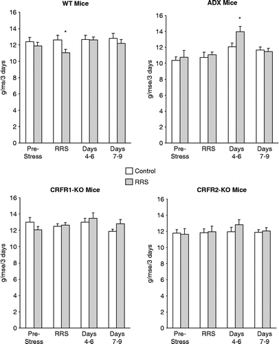 Figure 2.  Food intake of the mice represented as total intake for 3 days before, during, and after RRS. The asterisk indicates a significant difference (P < 0.05) in intake (g/mse[mouse]) of Control versus RRS mice. Data are mean ± SEM for groups of 9–22 mice. ADX, adrenalectomised and corticosterone replacement; CRFR, corticotropin releasing factor receptor; KO, gene deletion; RRS, daily restraint stress for 3 days; WT, wild type.