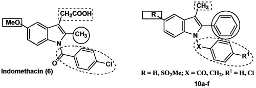 Figure 2. Chemical structures of the traditional NSAID indomethacin (6) and the designed indomethacin analogs 10a–f.