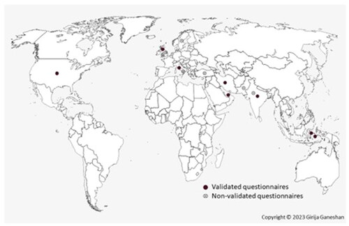 Figure 1. World map showing countries of origin of the 15 articles on COVID-19 and mental health of O&G trainees. Closed circle depict studies using validated questionnaires (n = 8) while crosses indicate studies using non-validated questionnaires (n = 7).