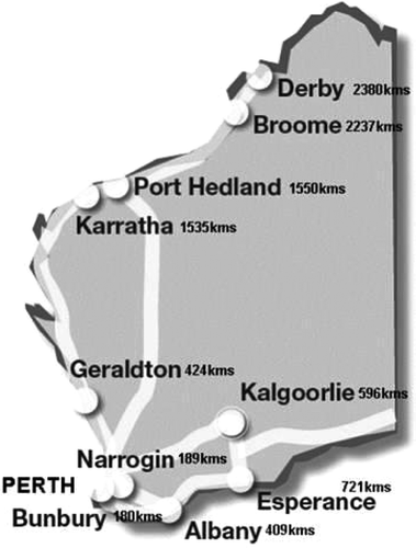 Figure 1. Map of Western Australia showing the site of the capital city, Perth, and the 10 rural locations at which medical students may be placed for teaching in obstetrics and gynaecology.