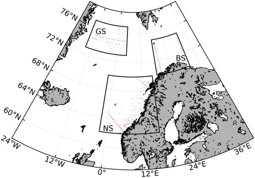 Figure 2.3.1. The Nordic Seas and all stations visited (blue dots) where nutrient data have been collected (product ref. 2.3.1; 2.3.2) and analysed in the period investigated (1990–2019). Black rectangles show the regions with data used in this study: NS (Norwegian Sea), BS (Barents Sea), GS (Greenland Sea).