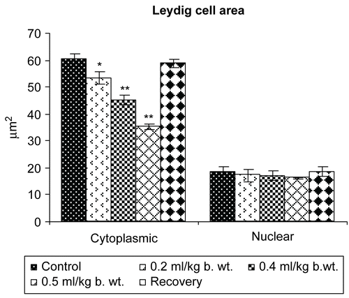 Figure 9.  Effect of administration of Myristica fragrans Oil on the Leydig cell area of male albino rats.