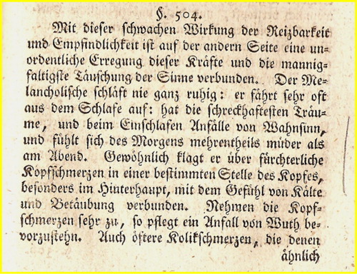 FIGURE 38 Sleep disturbance in a depressed patient. Sprengel Handbuch der Pathologie. Leipzig, Kühnsche Buchhandlung, p. 309 (Sprengel, Citation1810, pp. 135,136, 230, 231).