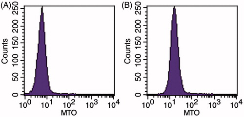 Figure 7. Flow cytometric graphs for the B16 cells exposed to the MTO formulations. (A) No treatment and (B) the MTO cubic phase.