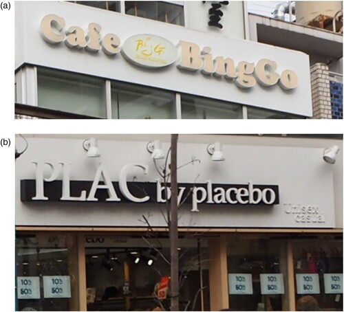 Figure 10. Monolingual English signs at Korean stores. (a) Korean cafe. (b) Korean clothing store.