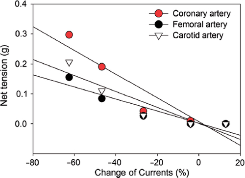 Figure 4. The linear regression analysis of the relationship between HBOC-induced inhibition of BKCa channel currents and net tension of coronary artery.