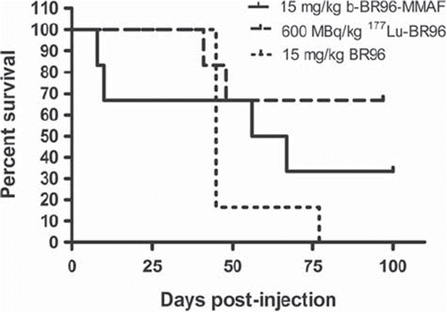 Figure 1. Survival of animals given b-BR96-MMAFconjugates (group 1), 177Lu-labeled BR96 (group 2), and unconjugated BR96 (group 3) monitored for 100 days. Deaths before day 21 were attributed to toxicity. All the late deaths (after day 45) were attributed to metastatic disease. Four of the six animals treated with unconjugated BR96 (group 3) died due to local recurrences and the other two due to distant metastases. No animal treated with conjugated BR 96 (group 1&2) had a local recurrence. At termination of the study (day 100), two rats in group 1, and four rats in group 2 were still alive. In one rat in group 2, metastatic disease was detected.