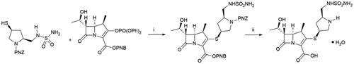 Scheme 3. Synthesis of doripenem hydrate. (i) DIPEA, DMF, EtOAc, rt, 88%; (ii) H2, 10% Pd/C, MgCl2•6H2O; crystallisation; sterilisation; crystallisation, 64%.