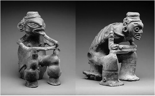 Figure 8 Two ceramic effigy vessels from the Dominican Republic in the form of shamans depicted during hallucinogenic trances (Roe, 1997: pls 104, 108). Left: 27.5 cm high, right: 17 cm high. Photographs by Dirk Bakker.