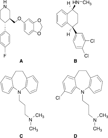 Figure 1.  Chemical structure of paroxetine (A), sertraline (B), imipramine (C) and clomipramine (D).