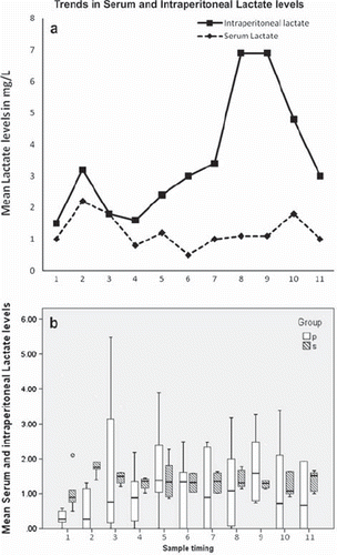 Figure 2a, b. Comparison of the trends of serum and intraperitoneal lactate levels (mean and S.D.).