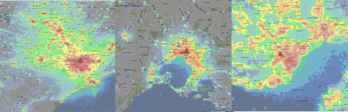 Figure 2. Estimates of the light pollution for three typical modern cities, Sao Paulo, Melbourne and Cardiff.