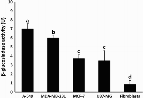 Figure 1. β-Glucosidase activity in A-549, MDA-MB-231, MCF-7 and U87-MG cancer cell lines and MRC-5 normal fibroblasts. Values indicated unit per 10 µg of protein extract and the mean β-glucosidase activity (mean ± SEM) of three replicates. a, b, c and d indicate significant (P < .05) difference among each cell lines.