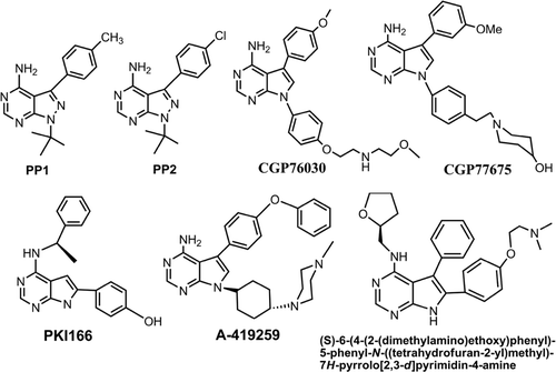 Figure 1.  Pyrazolopyrimidine and pyrrolopyrimidine derivatives as SFK inhibitors.