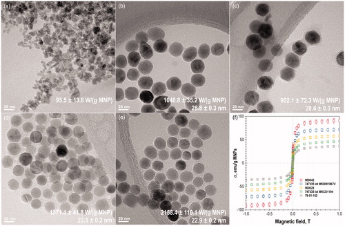 Figure 3. TEM images of MNPs: Micromod 79-01-102 (a); Sigma-Aldrich 747335 lot MKBW1867V(b); Sigma-Aldrich 747335 lot MKCD1194(c); Sigma-Aldrich 900028(d); Sigma- Aldrich 900042 (e); and their magnetic hysteresis loops (f). Inserts: SAR values calculated by the Box- Lucas method at 345 kHz are listed in the lower right corner followed by the TEM core diameters.