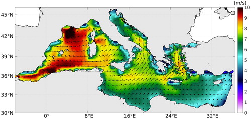 Figure 3.3.1. Monthly wind speed (m/s) and direction (at 10 m) in the Mediterranean Sea during March 2018 (CMEMS Product Ref. No. 3.3.2.).