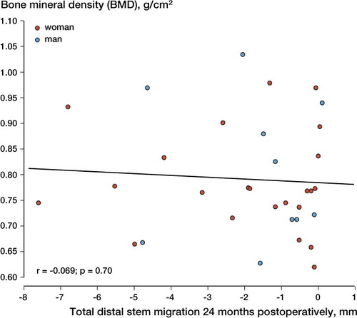 Figure 6. Relationship between bone mineral density of the uninjured proximal femur (measured with DEXA at the time of fracture) and distal stem migration 24 months postoperatively (measured with RSA) in 23 women and 10 men. The linear regression line is solid.